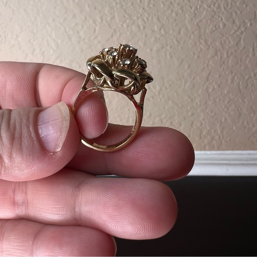 Vintage 18K Gold HGE Ring (Size 7 US) w 9 CZ Stones, Rosette Estate Jewelry, Flo - Picture 5 of 11